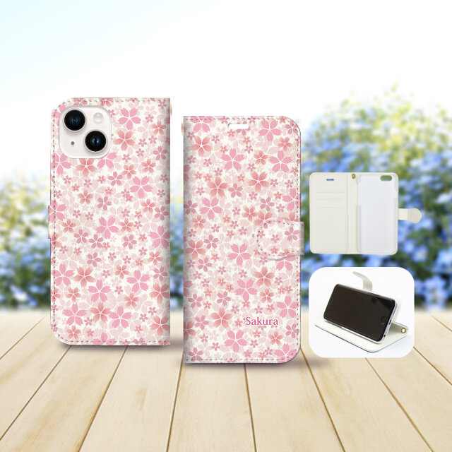 iPhone専用 手帳型スマホケース 【内側色：ホワイト仕様】カメラ穴有【桜のじゅーたん（New Design）】