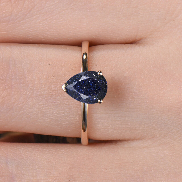 ギャラクシーブルーサンドストーンリング ヒーリングジュエリー ソリティアリング ブルージェムストーン 星空リング