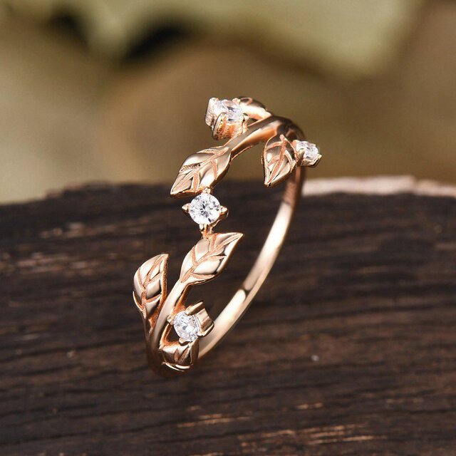 リーフ リング モアッサナイト ウェディング バンド フローラル ヴァイン 小枝 枝 自然にインスパイアされたリング指輪