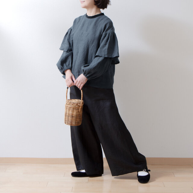 ダブルスリーブリネンブラウス/グレー