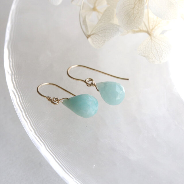 14kgfキラキラアマゾナイトピアス/イヤリング 天然石アマゾナイトのピアス 14kgf 316L 貝殻 夏 青 ブルー 誕生石