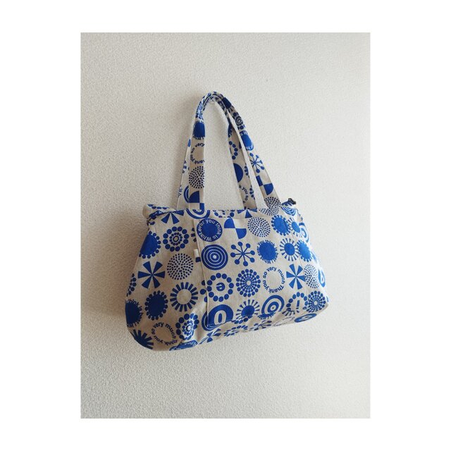 リネン  ショルダーバッグ　柄　blue