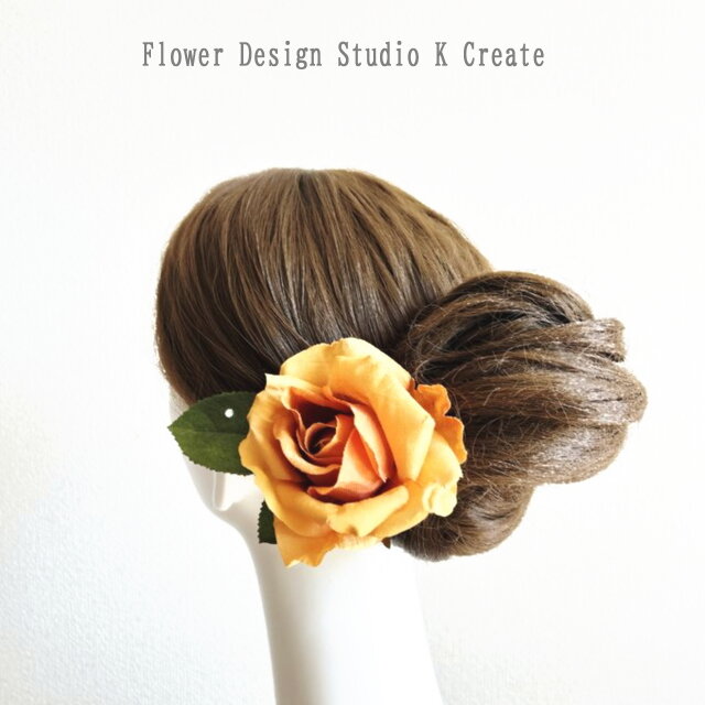華やか☆オレンジの薔薇と葉っぱの髪飾り バラ フローレス 髪飾り