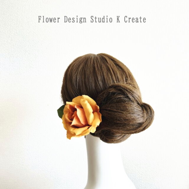 華やか☆オレンジの薔薇と葉っぱの髪飾り バラ フローレス 髪飾り