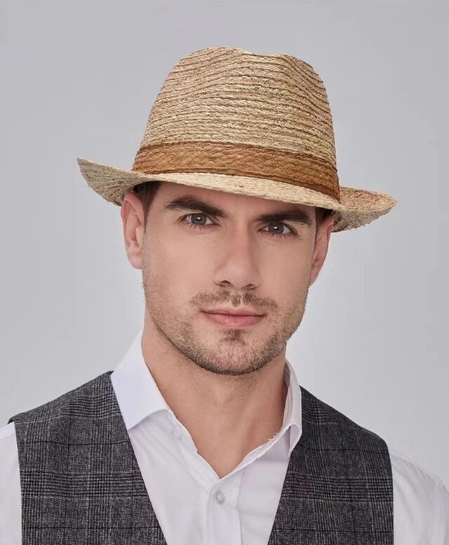 ラフィアハット、中折れ帽子男性、クラシック、パナマ帽、フェドーラ帽