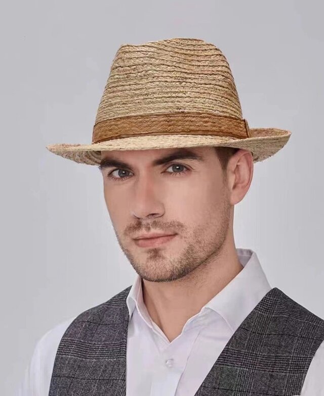 ラフィアハット、中折れ帽子男性、クラシック、パナマ帽、フェドーラ帽