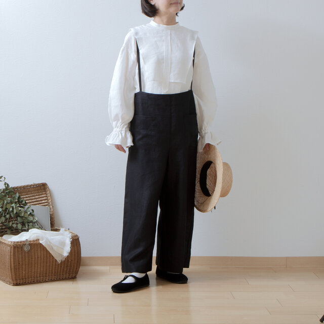 サスペンダーワイドリネンパンツ/ブラック