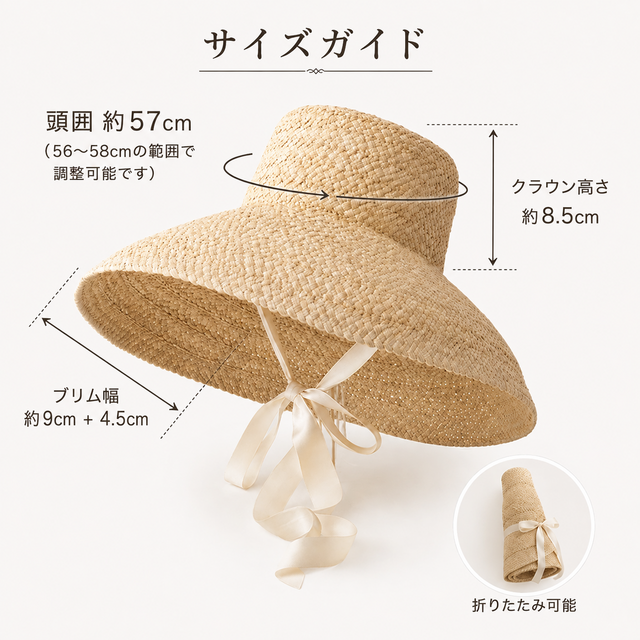 天然ラフィア素材のつば広ハット｜手織り、ストラップ付き、折りたたみ