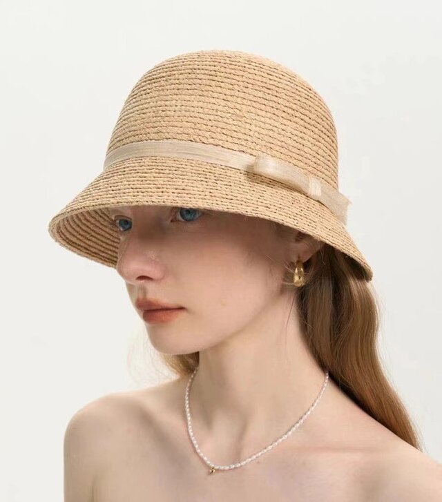 ラフィアハット、フレンチスタイルの帽子、麦わら帽子、夏用、大人、ストローハット、日よけ・UV対策 サイズ調節