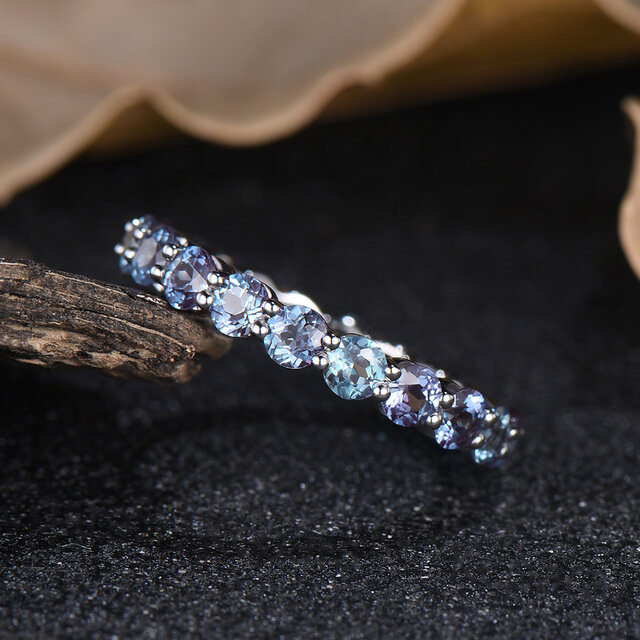 925 スターリングシルバーリング 3mm ラウンドカット アレキサンドライト 結婚指輪 6 月誕生石リング