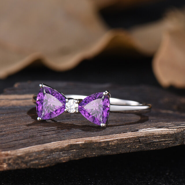 2月の誕生石 パープルクリスタル 天然アメジスト リング 蝶ネクタイ