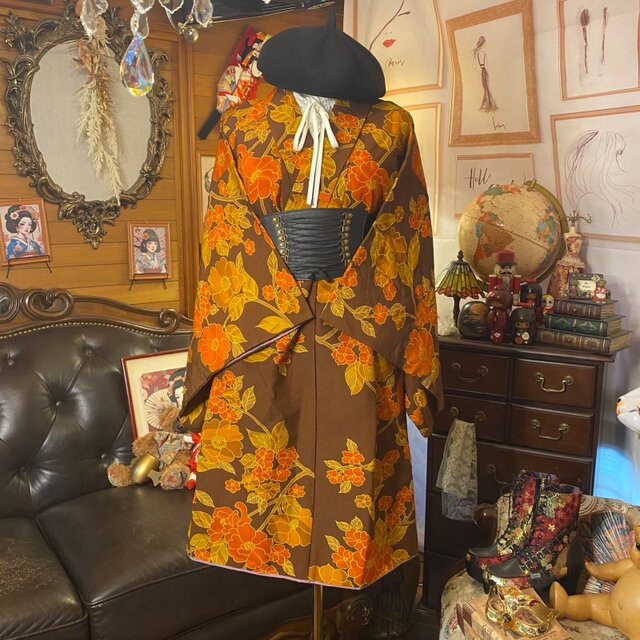 着物リメイクセットアップ ツーピース 2部式 スカート レトロ 古着