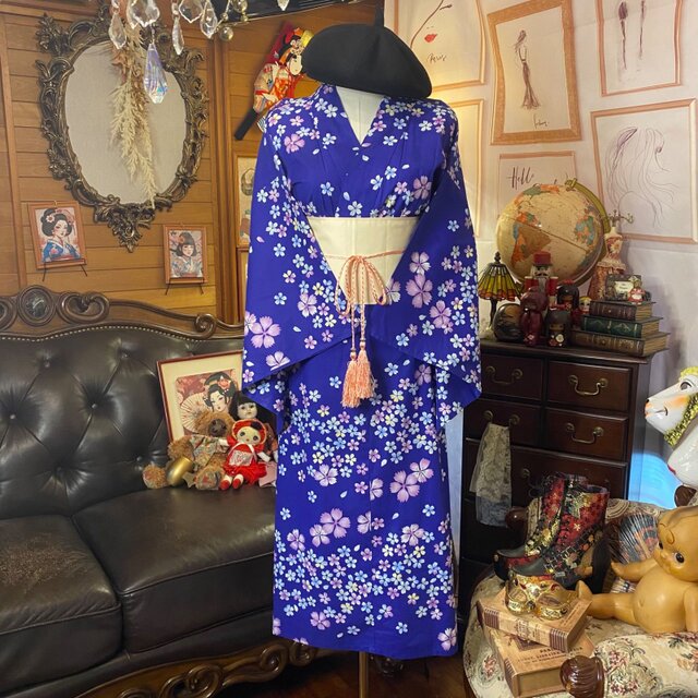 浴衣リメイク セミロング ワンピース ドレス 帯サッシュベルト 和洋