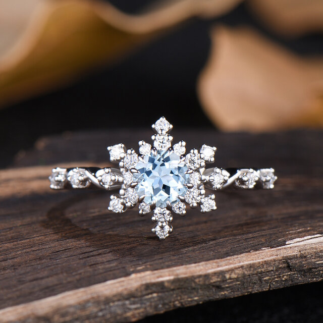 天然アクアマリン婚約指輪雪の吹きだまりスノーフレークハローリングブルージェムストーン3月誕生石誕生日ジュエリーギフト