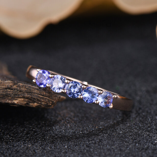 ラウンドカット天然タンザナイトリング 12月の誕生石 ブルージェムストーン 結婚指輪 ローズゴールドリング