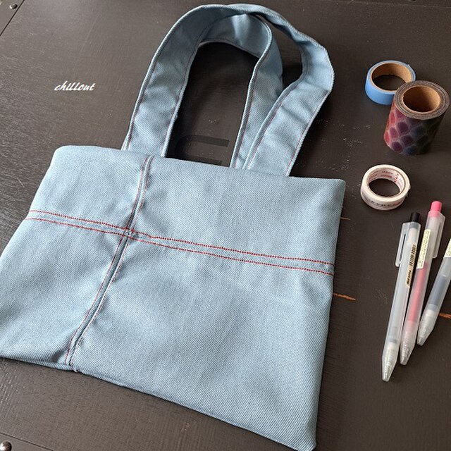 【デニム】トートバッグ：スカイブルー：レッドステッチ【0846】