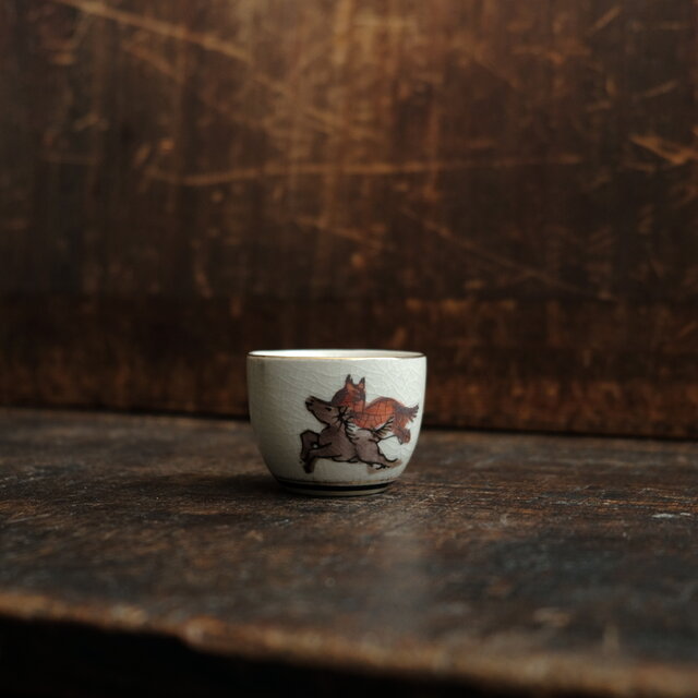 九谷焼 古九谷 色絵金彩 源氏物語画 觥 酒杯 一對 時代箱付 M R4954