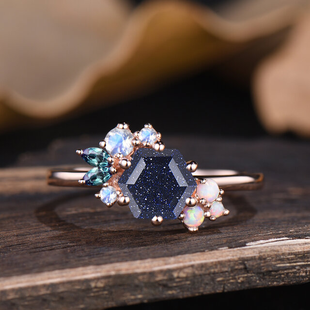 ブルーサンドストーンリングブルームーンストーンアレキサンドライトオパールクラスター結婚指輪ヒーリングジュエリー