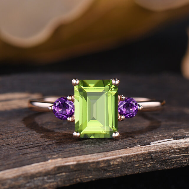 8月の誕生石 天然ペリドットリング 2月の誕生石 天然アメジストリング K10ソリッドローズゴールドリング