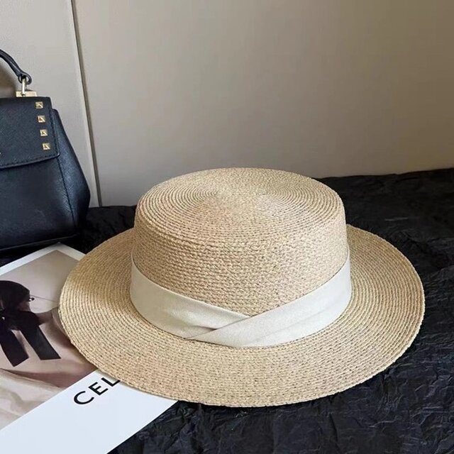 ラフィアハット、麦わら帽子 夏帽子 大人 ストローハット、ミディアムブリム 日よけ・UV対策 サイズ調節可能