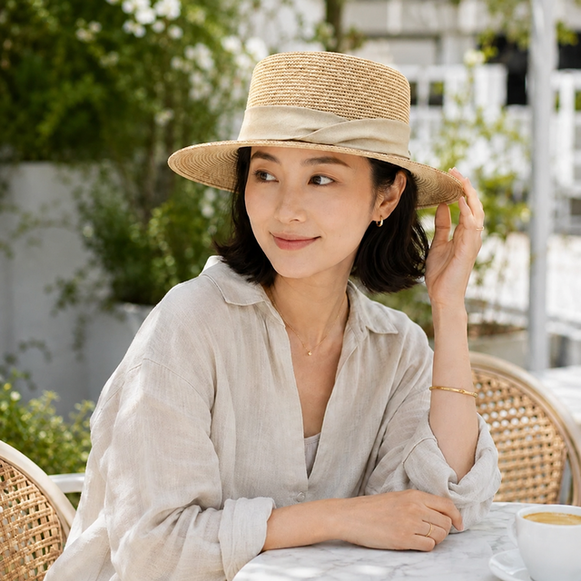 ハンドメイド 麦わら帽子 カンカン帽 注文受付 天然ラフィア100％ カンカン帽｜手編み・麻リボン3色・サイズ調整