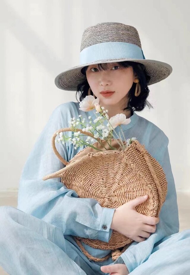 ラフィアハット、麦わら帽子 ミディアムブリム 夏帽子女性