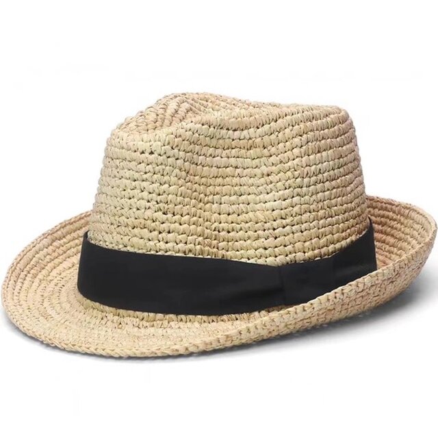 ラフィアハット、中折れ帽子男性、紳士、パナマ帽、フェドーラ帽、麦わら帽子、夏用、ストローハット、日よけ・サイズ調節