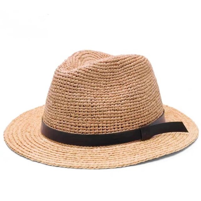 ラフィアハット、中折れ帽子男性、レトロ、パナマ帽、フェドーラ帽、麦わら帽子、夏用、ストローハット、日よけ・サイズ調節