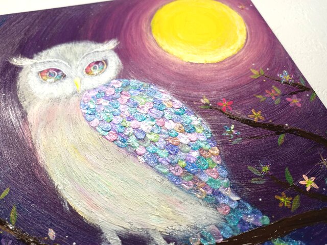 風水開運絵画＊月夜の幸せ花ブランコ 寄り添い梟 ペアフクロウ