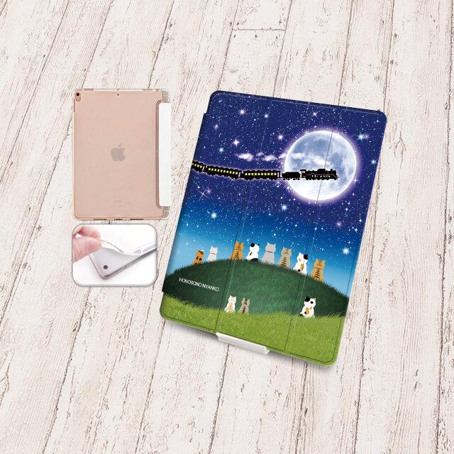 手帳型iPadケース【バックカバー：ソフトタイプ】片面印刷/カメラ穴有【ほのぼのにゃんこ銀河鉄道】
