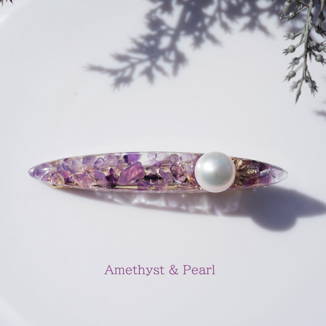 真珠とアメジストのジュエル・ヘアクリップ/バレッタ　～百花繚乱
