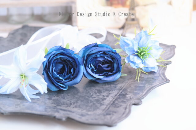 青い薔薇とニゲラの爽やかなヘッドドレス 結婚式 成人式 袴 入学式