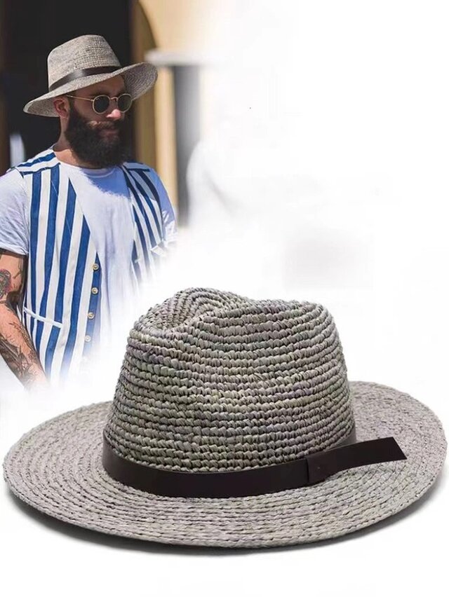 ラフィアハット、中折れ帽子男性、レトロ、パナマ帽、フェドーラ帽、麦わら帽子、夏用、ストローハット、日よけ・サイズ調節