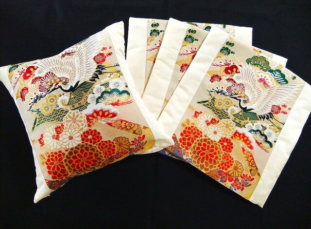 k-045】45×45cm用/和柄クッションカバー/鶴小花文様・正絹