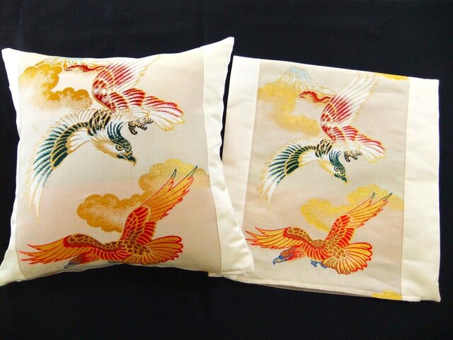 k-046】45×45cm用/和柄クッションカバー/一富士二鷹文様・正絹