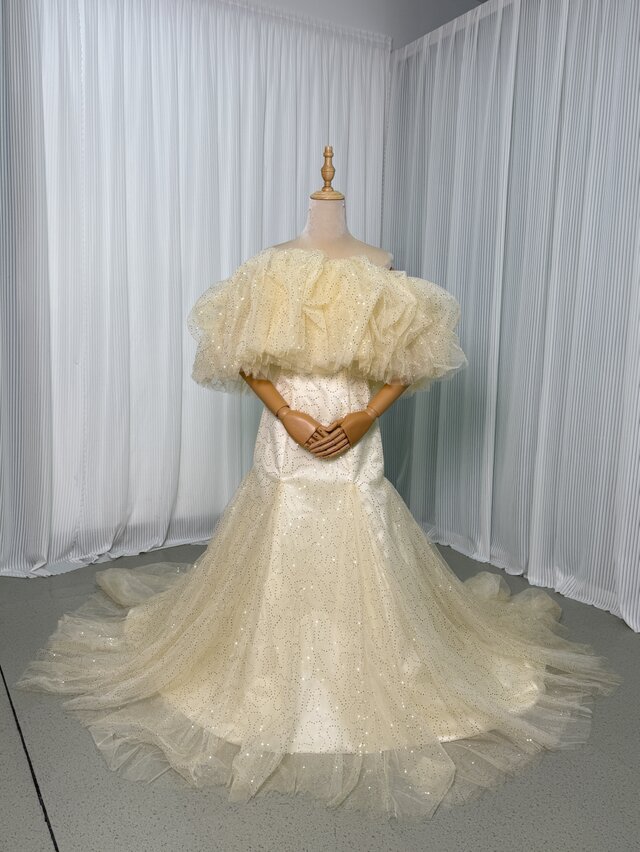 カラードレス 薄シャンパンの色 オフショルダー デザイン感 キラキラチュール 細見えシルエット 前撮り