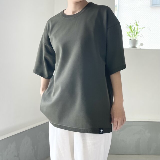 『2025新作』【ユニセックス】ビッグシルエット ニットTシャツ【カーキ】