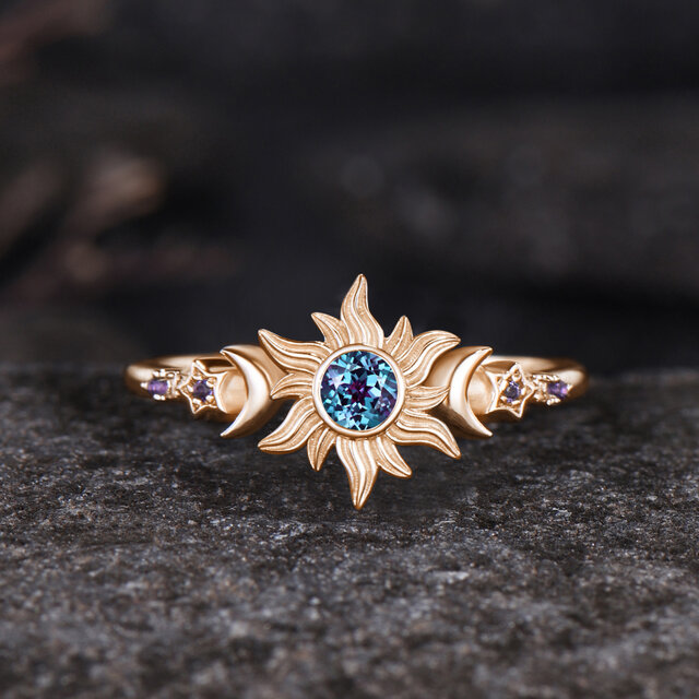 ユニークな太陽のリング 6月の誕生石アレキサンドライトリング 2月の
