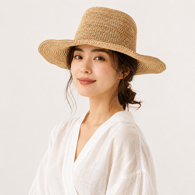 手織りのつば広帽子（天然ラフィア100%）｜つば幅10cm、折りたたみ可能