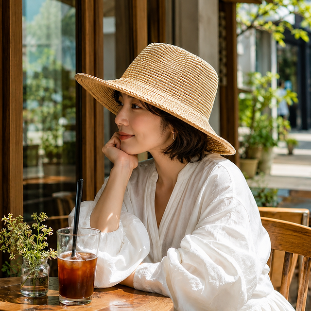 ・作者名：萩　太郎・画題：・帽子の女・技法：リトグラフ限定（56／280） 手織りのつば広帽子（天然ラフィア100%）｜つば幅10cm、折りたたみ可能