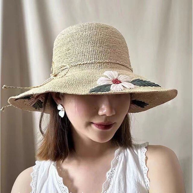 ラフィアハット、フレンチスタイルの帽子、麦わら帽子、夏用、大人、ストローハット、日よけ・UV対策 サイズ調節