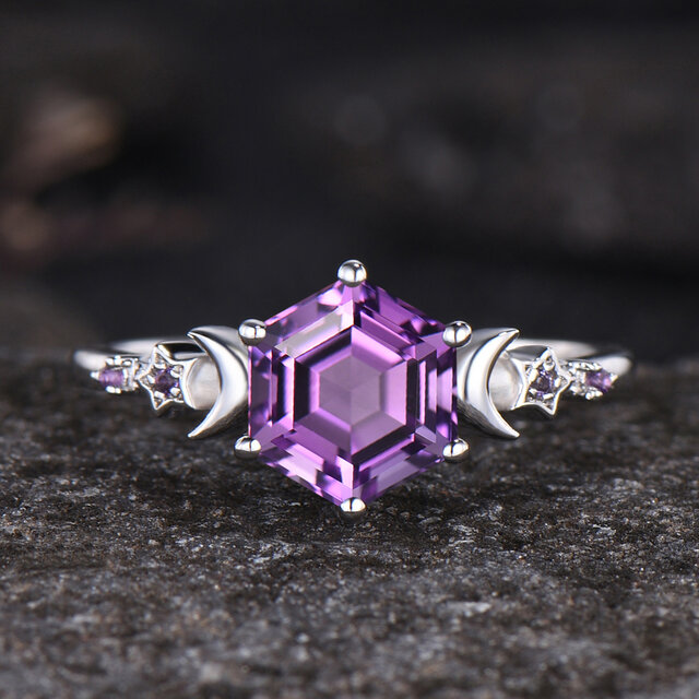 2月の誕生石 天然アメジスト エンゲージリング 925スターリングシルバー パープルクリスタルリング ムーンスターリング