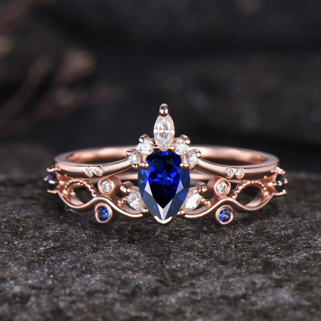 クラウンリング 9月の誕生石 ブルーサファイア エンゲージリング ヴィンテージ モアッサナイトリング