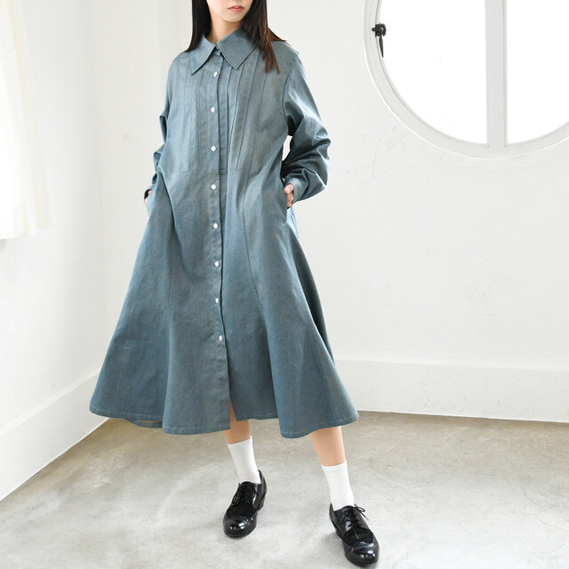 【完全一点物】フロントタックマーメイドフレアワンピース（デニム）