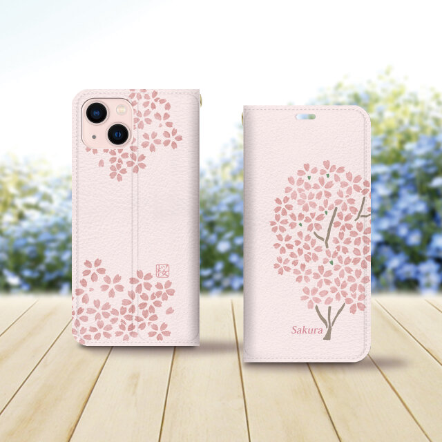 帯なし iPhone 手帳型スマホケース （カメラ穴あり/はめ込みタイプ）【和紙貼り絵風-さくら（New Design）】