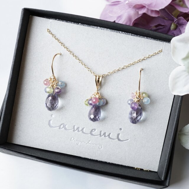 【３点セット】「七変化」紫陽花 タンザナイト 天然石 誕生石 ピアス イヤリング ネックレス 母の日 金属アレルギー対応