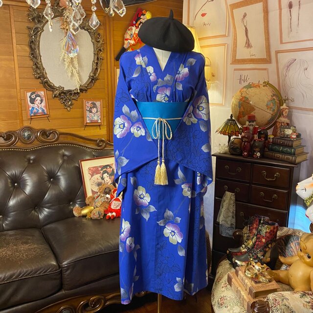 浴衣リメイク セミロング ワンピース ドレス 帯サッシュベルト