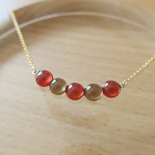 コーラル＆ブロンズ＊14KGF ガラスネックレス