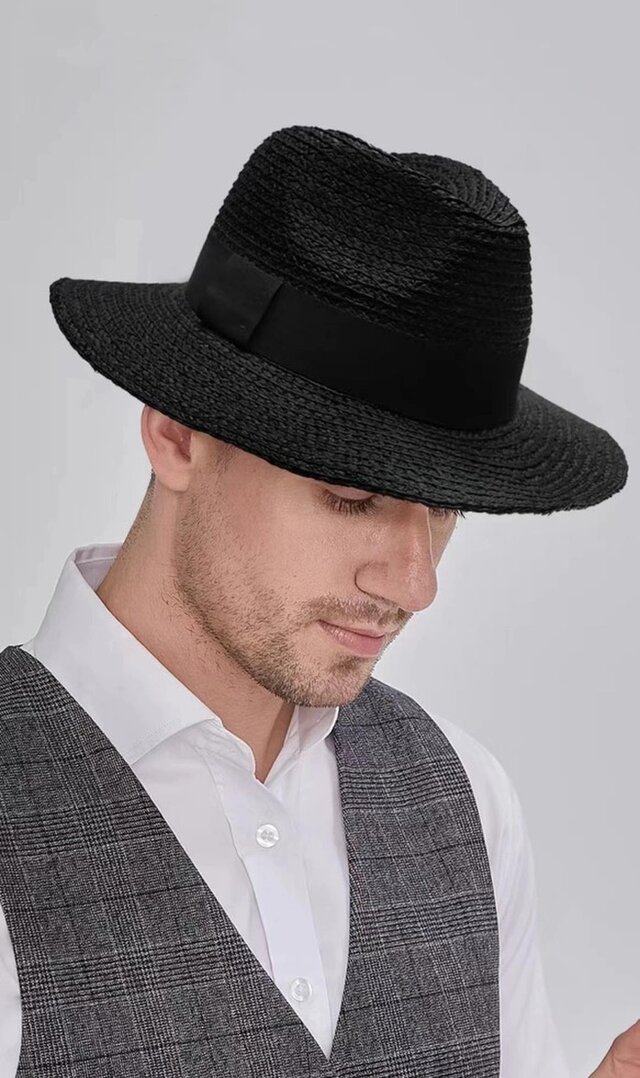 ラフィアハット、中折れ帽子男性、パナマ帽、フェドーラ帽、麦わら帽子、夏用、ストローハット、日よけ・UV対策 サイズ調節