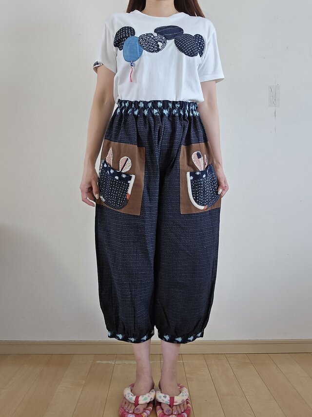 着物リメイク　手作り　絣　ポケットアップリケ　パンツ